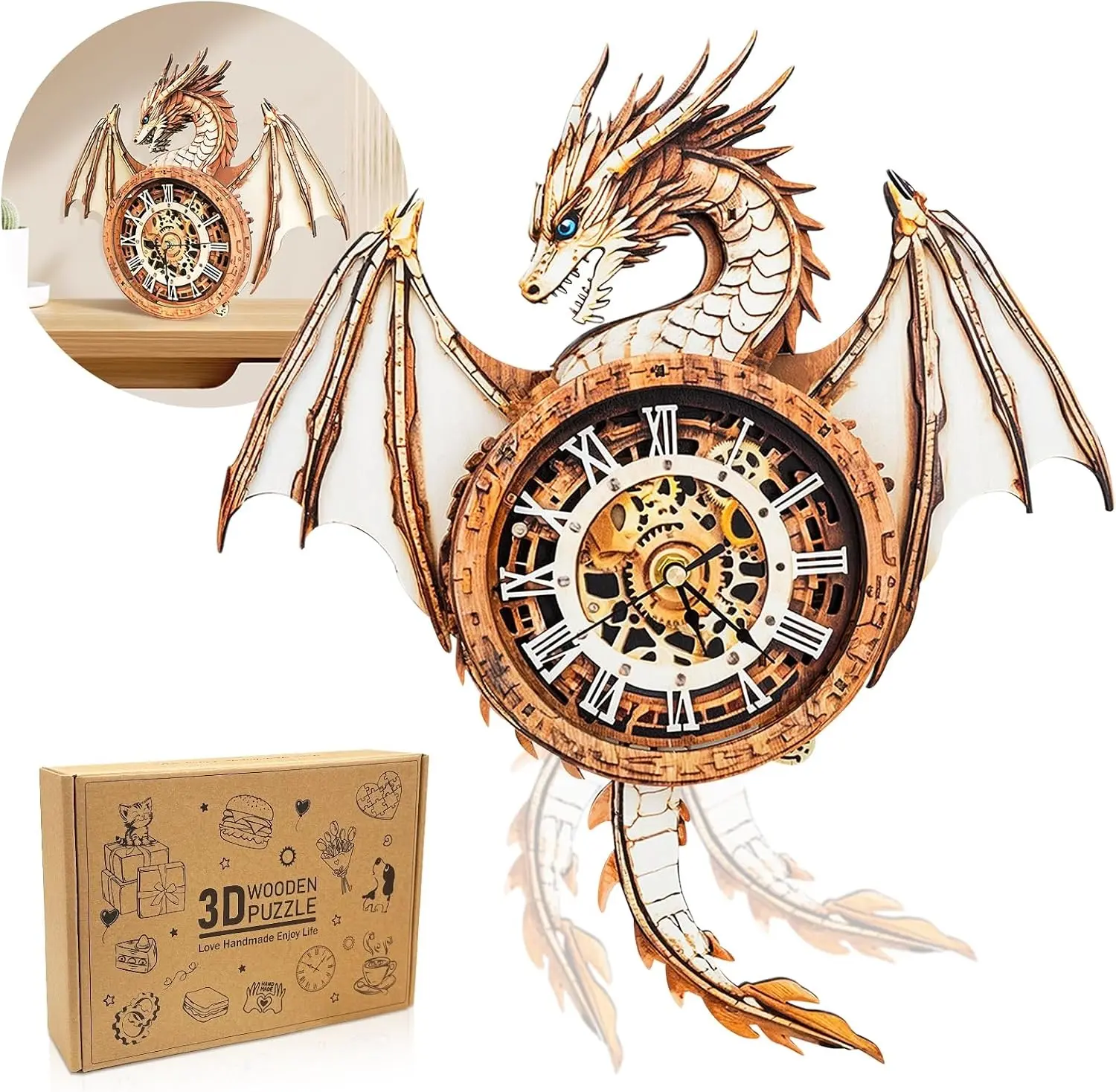 3D Puzzle for Adults Clock-Dragon Design Model Kit-Mechanical DIY Pendulum Clock with Roman Numerals-Desk Office Home Decor Personalized Gift for DIY LoversAncient Dragon – DIY Wooden Clock, 3D Puzzle Craft Kit, Wood Puzzles, Puzzle-Shaped 3-D Puzzles