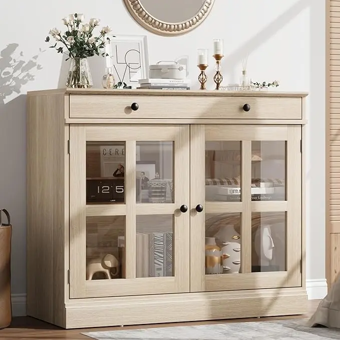 35.4" Sideboard Buffet Cabinets with Glass Door, Buffet Cabinet with Storage, Oak Sideboard Cabinet with Drawer, Modern Buffets & Sideboards for Dining Room, Kitchen