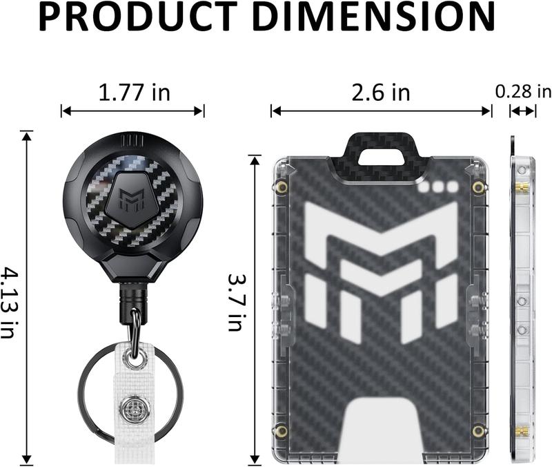 MNGARISTA Retractable Badge Holder, Heavy Duty Badge Reel Keychain with Belt Clip, 3K Carbon Fiber ID Card Holder Lanyard with 32.26" Retractable Key Chain, Black