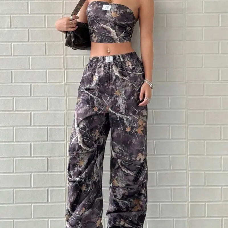 Petite Women's 2-Piece Vintage Withered Leaf Print Strapless Bandeau Top & Casual Sleeveless Set, Autumn Fashion Clothes, Stylish Women's Outfit, Women's Clothes
