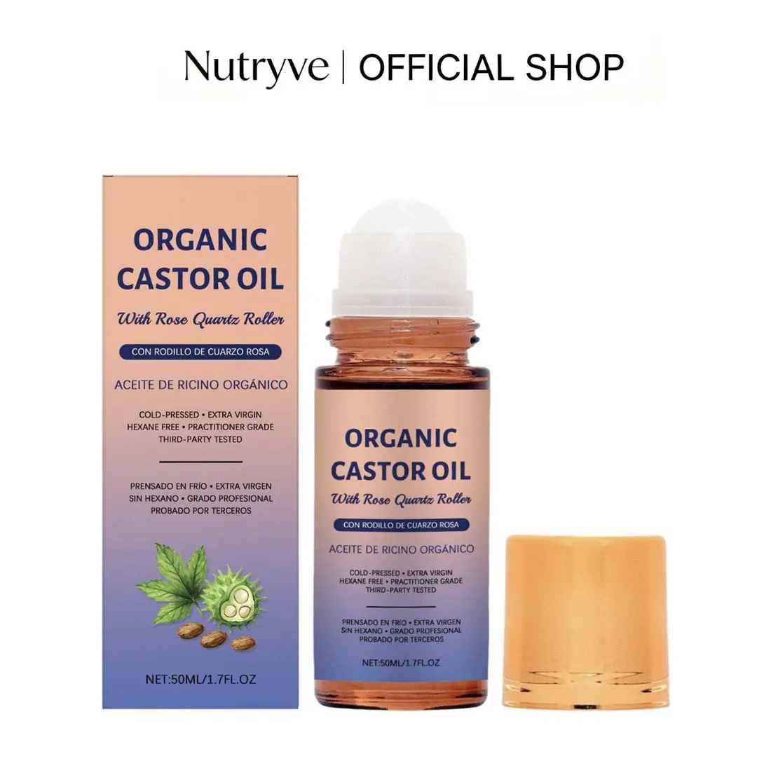 Organic Cold-Pressed Castor Oil with Rose Quartz Roller & Copper Peptide, 50ml Smooth Calming Hydrating Multipurpose Oil for Lash & Brow Care, Hair Moisturizing Treatment, Soft Skin, Hair Growth Oil