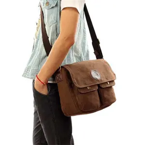 Vintage Men's Canvas Messenger Shoulder Bag Crossbody School Book Bags Satchel 30x21x8cm with Adjustable Strap & Multiple Pockets