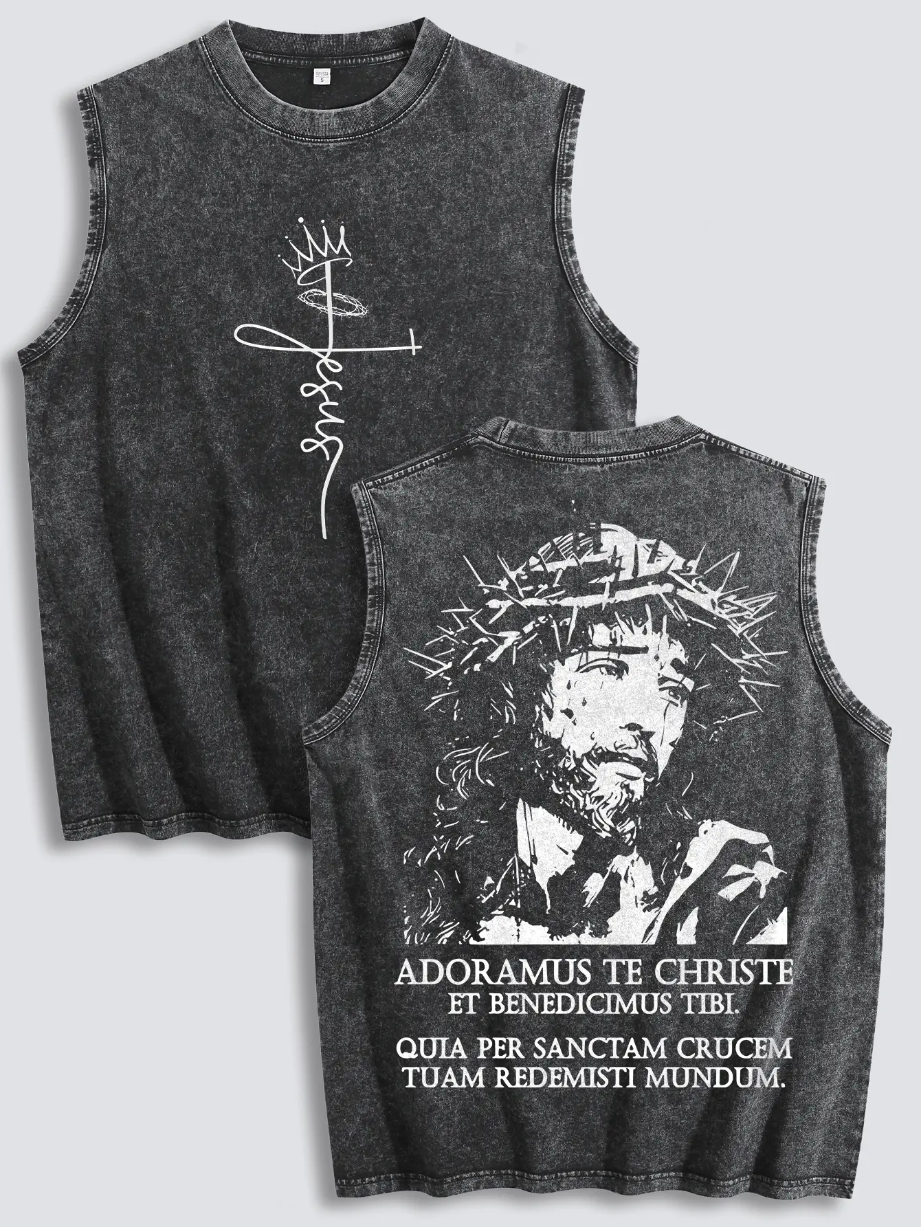 Menswear ，Crown Of Thorns Jesus Faith，Men's Vintage Gothic Oversized SleevelessGraphic Vest - Washed Black, Y2K Streetwear, SummerCasual Top singlets Socks