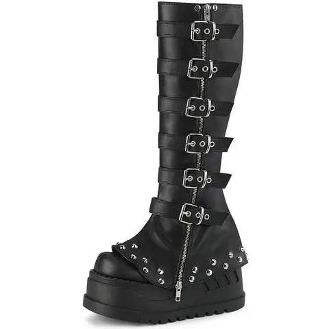 AMINUGAL Women's Gothic Knee-High Black Skull Design Leather Buckle Boots - Shoes for Women with Buckle Decor, Dark Style, No Extra Embellishments