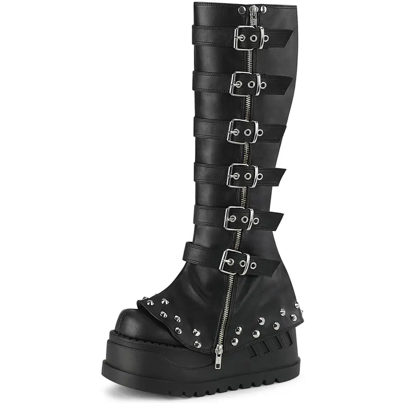 AMINUGAL Women's Gothic Knee-High Black Skull Design Leather Buckle Boots - Shoes for Women with Buckle Decor, Dark Style, No Extra Embellishments
