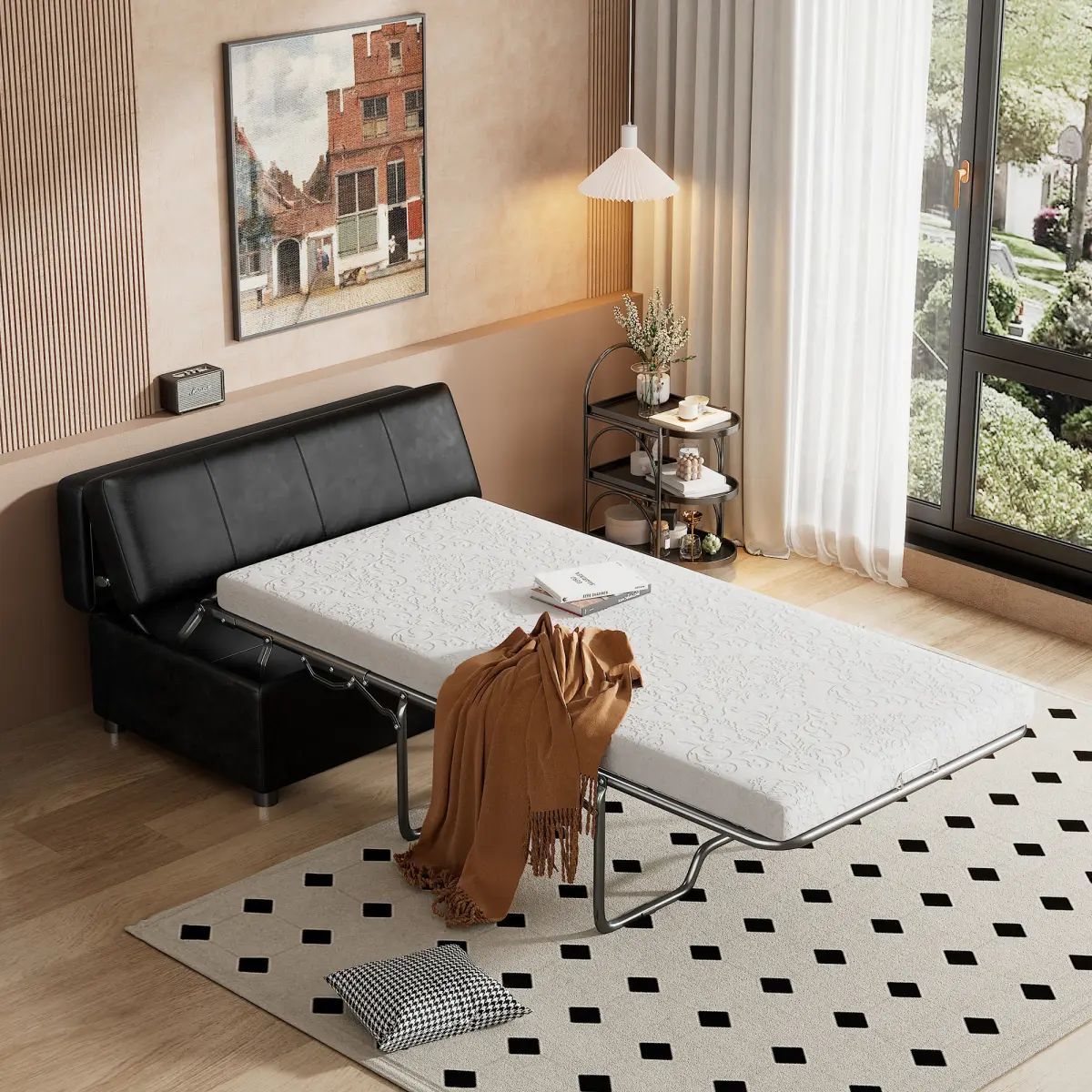 [Fahuac] Sturdy Rectangular Pull-Out Ottoman Sleeper Bed - Twin Size, PU Leather, Metal Frame, Polyurethane Foam, With Cushion, 250 lbs Capacity, 46x28.5x17.7 in, Self-Assembly Required, For Various Room Types, Rubber, Comfy Couch
