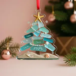 Personalized 2D Flat Sea Glass Family Tree Ornament, Custom Family Name Christmas Tree Ornament, Sea Glass Art, Family Keepsake, Family Gift