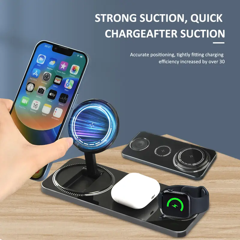 3 in 1 Wireless Charger Dock Station Foldable Max 15W Fast Charging with Magsafe Wireless Charger for iPhone12/13/14/15/16 Series for AirPods iWatch Series Wireless Charger