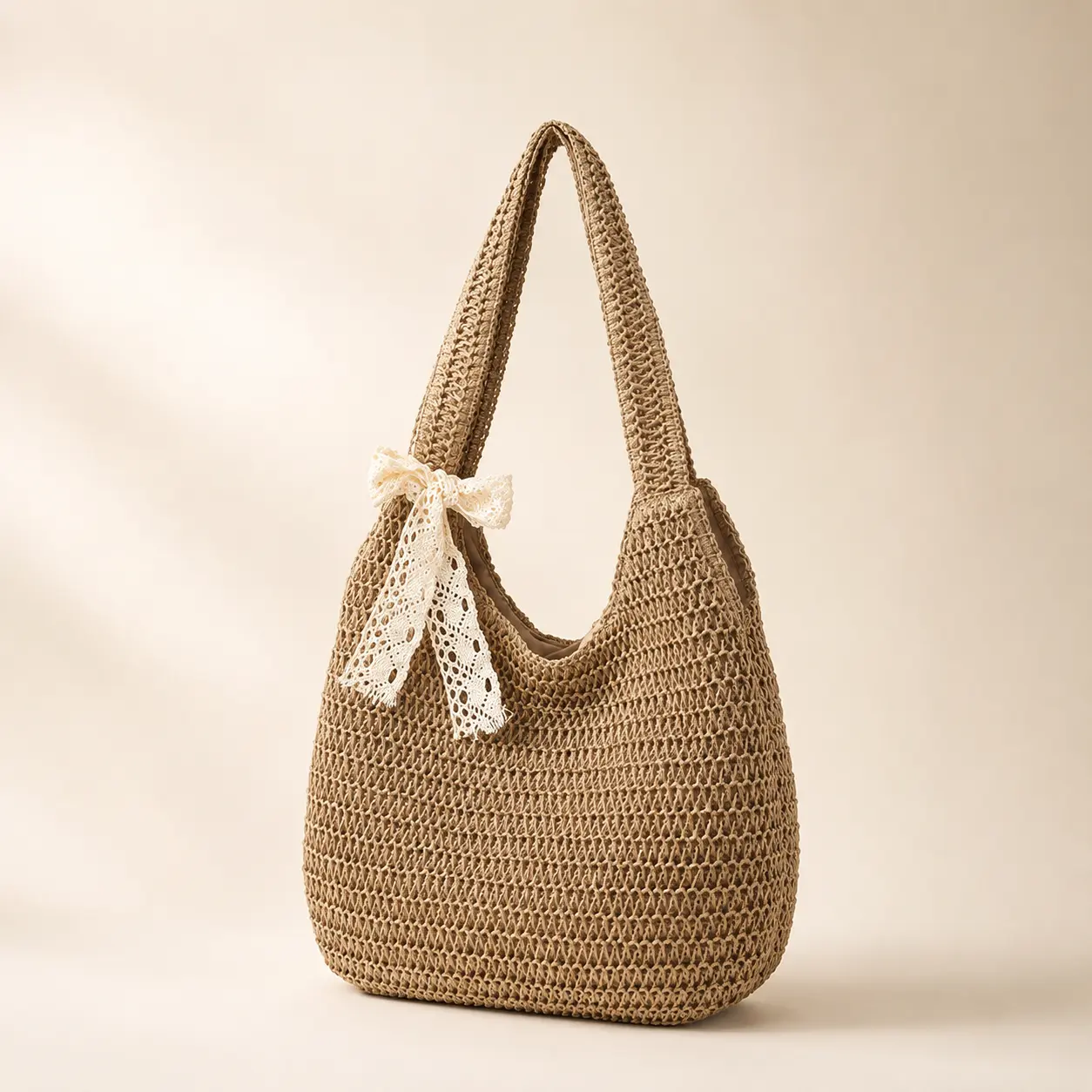 Women's 3D Crochet Pattern Slouchy Tote Bag - Casual Everyday Hobo Shoulder Bag, 30cm Large Open Top, Single Strap, Lace Bow Flutter, Lightweight Paper-Like Feel, Slip On, High-Capacity, Plain, Beachday Ready, Fairycore Detail, Cottagecore Vibe