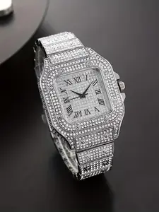 A square-shaped men's quartz watch featuring a starry sky design on the elegant square dial, stainless steel strap, diamond embellishments, and Roman numerals.