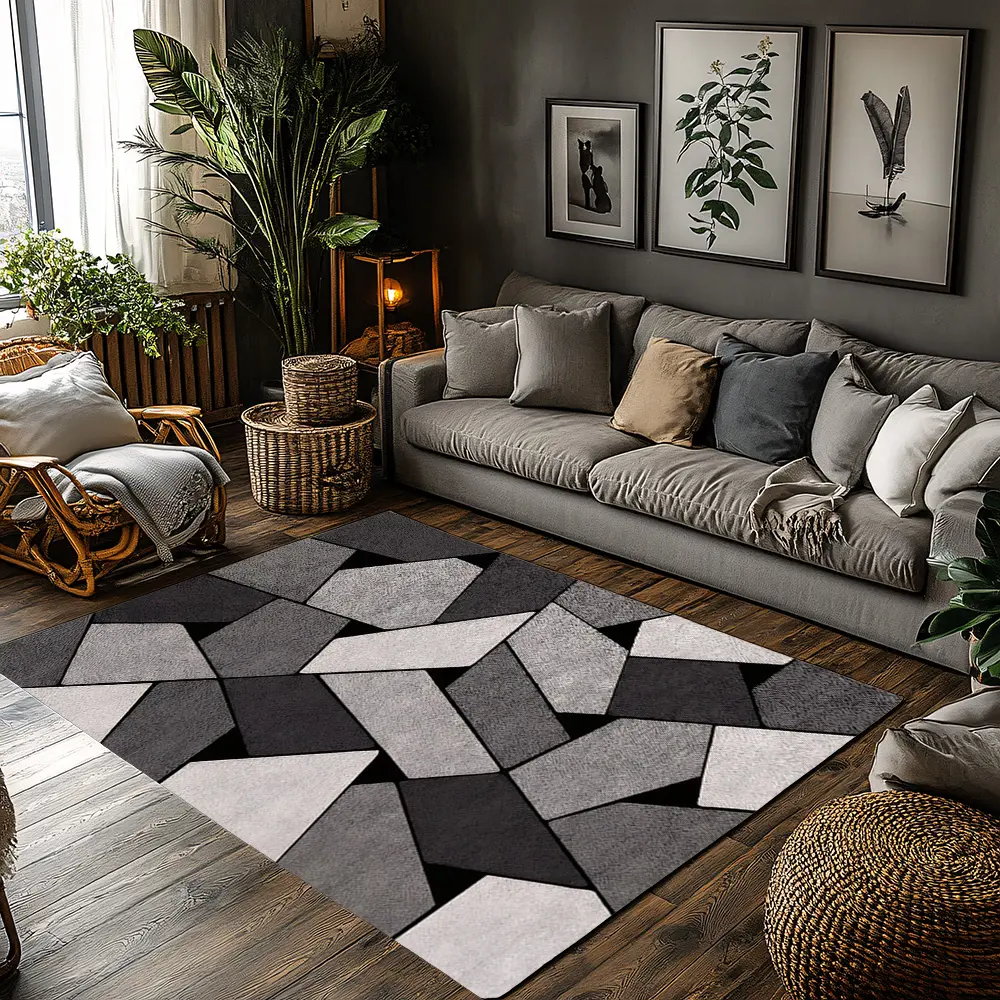 Modern Geometric Patchwork Crystal Velvet Area Rug Black Grey White Non‑Slip Minimalist Living Room Rug Geometric Rug Floor Rug, Geometric Design Rug, Geometric Pattern Rug