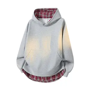 New unisex solid-color hooded long-sleeve jacket with contrast piping for spring/autumn; men’s loose casual plaid zip-up jacket; retro streetwear faux two-piece hoodie; teen pullover hooded sweatshirt