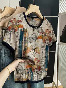 Floral Print Round Neck Sweater Top, Casual Fitted Short Sleeve Knitwear for Spring Summer Fall, Comfortable Warm Women's Clothing