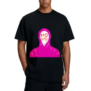 100% pure cotton "No War for Israel" Black T Shirt With Pink Hooded Figure And No War Text For Casual Wear Suitable for parties and parades, as well as daily wear |   Comfortable fit