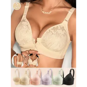 Women's 5-Piece Elegant Floral Lace Wireless Bras - Underwear for Women, Comfortable Breathable Front Closure Push-Up Undergarment, No Underwire, Non-Removable Pads, Mint Green Mixed Fabric, Chic Decorative for Casual Attire