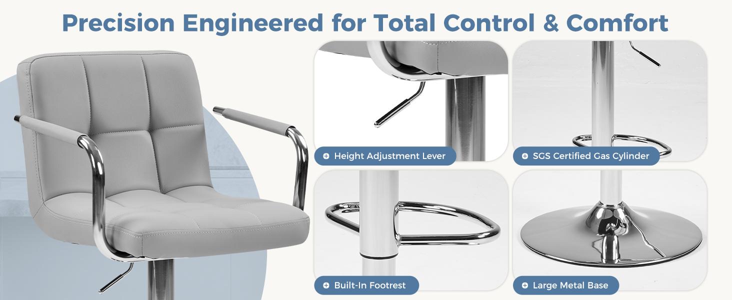 Set of 2 Swivel Bar Stools with Armrests, Adjustable Counter Height Bar Chairs with Backrest & Footrest, PU Leather Modern Barstools for Kitchen Island, Home Bar, Dining Room, Cafe