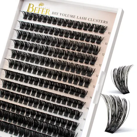BEFER Wispy Cosmetic Lash Clusters, 192 Pcs 3 Styles D-Curl 3D Fluffy Individual Eyelash Extensions, 10-16MM Hypoallergenic Glue Included for DIY Home Makeup Use