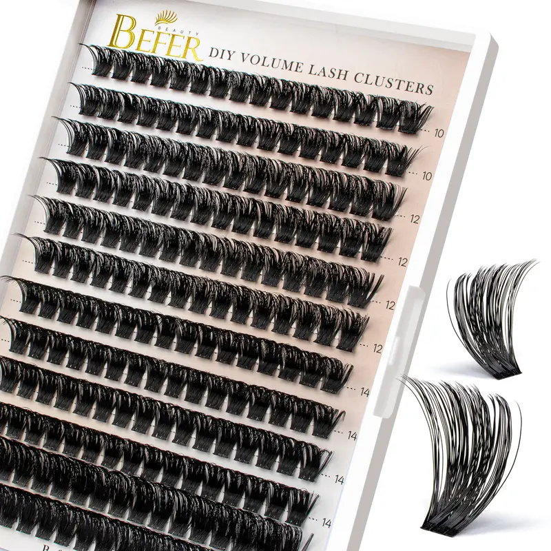 BEFER Wispy Cosmetic Lash Clusters, 192 Pcs 3 Styles D-Curl 3D Fluffy Individual Eyelash Extensions, 10-16MM Hypoallergenic Glue Included for DIY Home Makeup Use