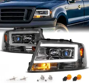 AmeriLite for 2004-2008 Ford F150 C-Type LED Tube Square Projector Gun-Metal Replacement Headlights Assembly Pair - Driver and Passenger Side