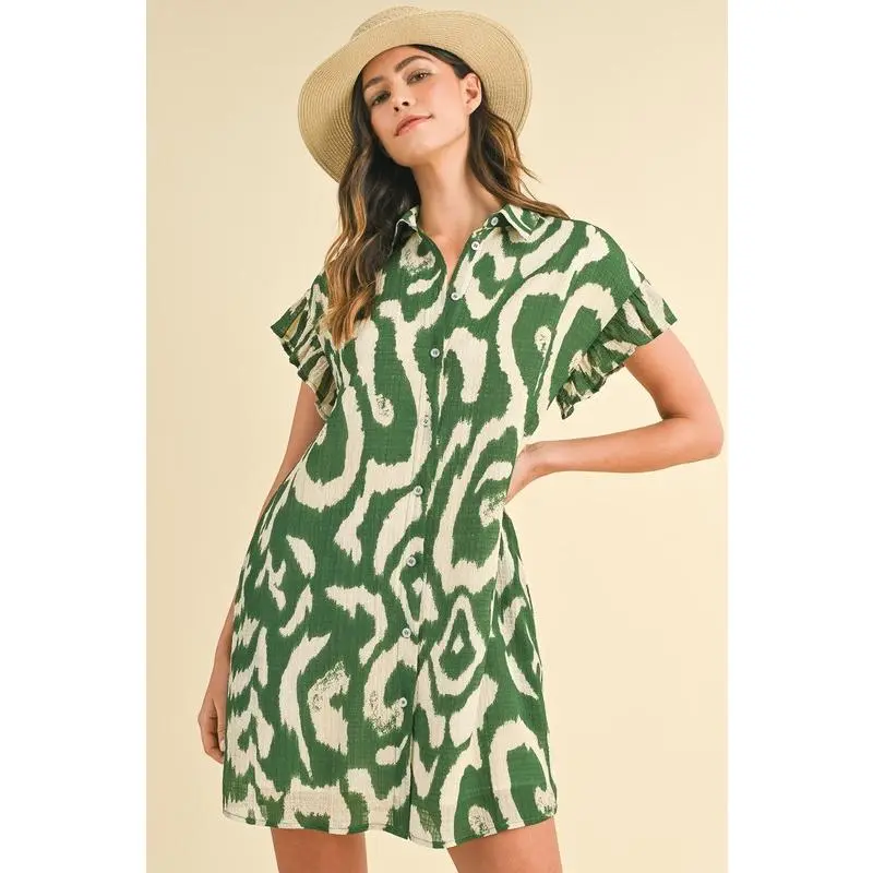 Annie Wear Abstract Printed Frill Sleeve Shirt Mini Dress