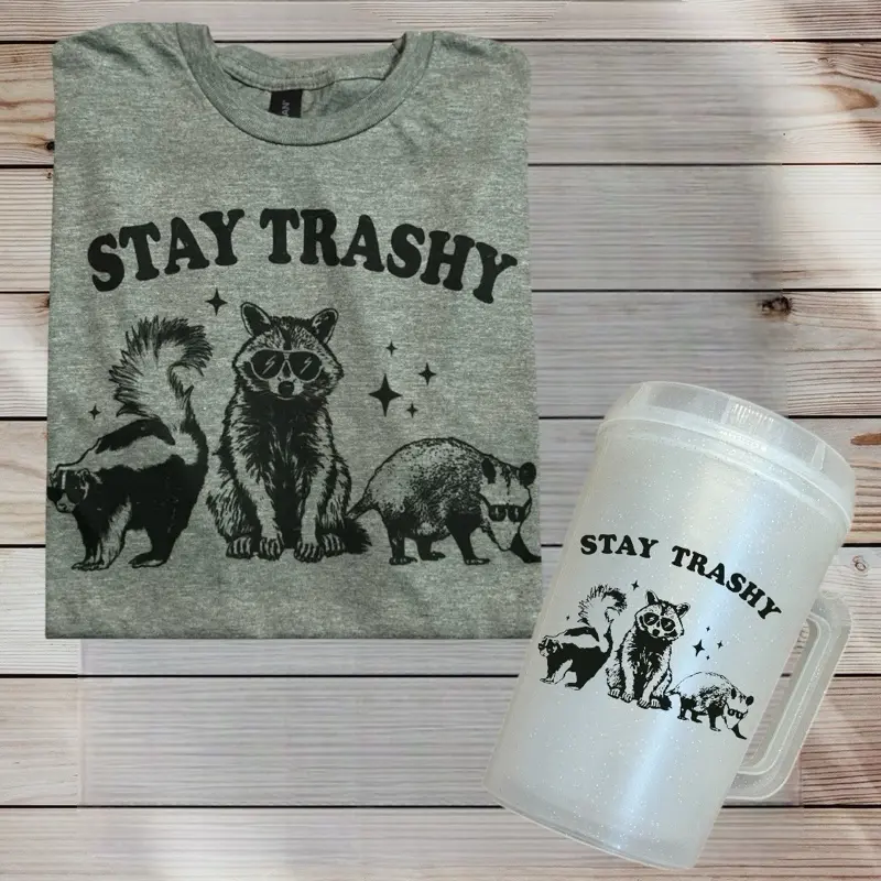 Stay trashy-  Womenswear- sublimation Tee with 32oz Mega Mug - Fun Graphic Design for Fans of the Genre - Cup, Drinkware- matching tee and Mother trucker mug Lid Insulated Straw