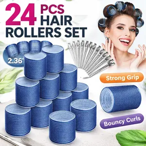 Heatless Jumbo Hair Curlers 24 Pack – Large Rollers with Clips for Long, Thick Hair, Overnight Volume Styling Set – Blue