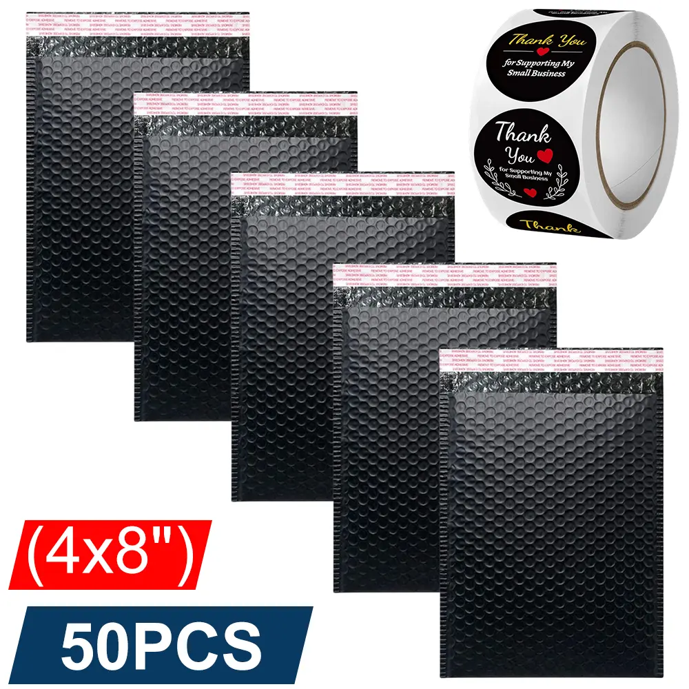 50Pcs 4x7 Inch Black bubble bag with Thank You Stickers, Bubble Mailers, Waterproof Padded Poly Bubble Envelopes, Self Seal Shock Resistant Shipping Bags for Jewelry Cosmetic Product Mailing Packaging