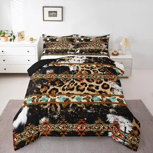 Cowhide Brown Leopard Print Comforter Set,Western Bedding Set,Exotic Aztec Cow Print Down Comforter,Farmhouse Wild Animal Skin Cowboys Gifts for Men