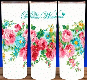Pioneer Woman Sweet Rose Floral Blue Lace Cup Mug 20oz Stainless Steel Tumbler with Slide Closure Lid Reusable Plastic Straw Handmade Design Drinkware - Flasks