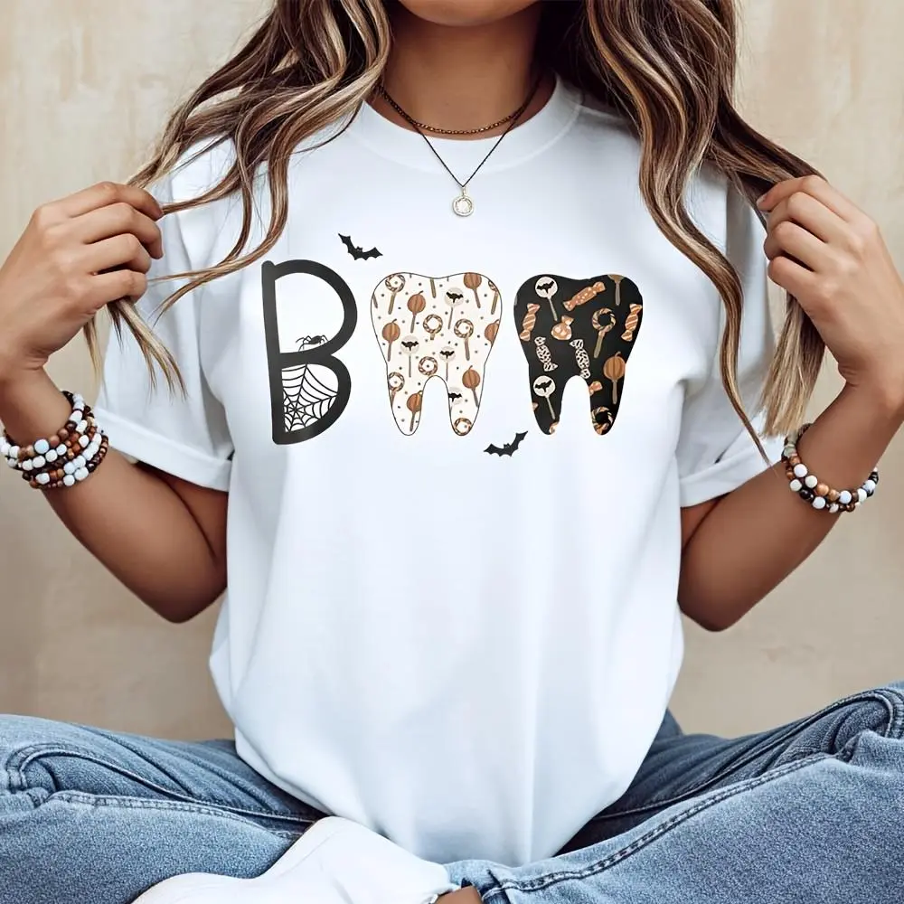 Boo Tooth Halloween Graphic Print T-Shirt, Funny Dental Holiday Top For Party