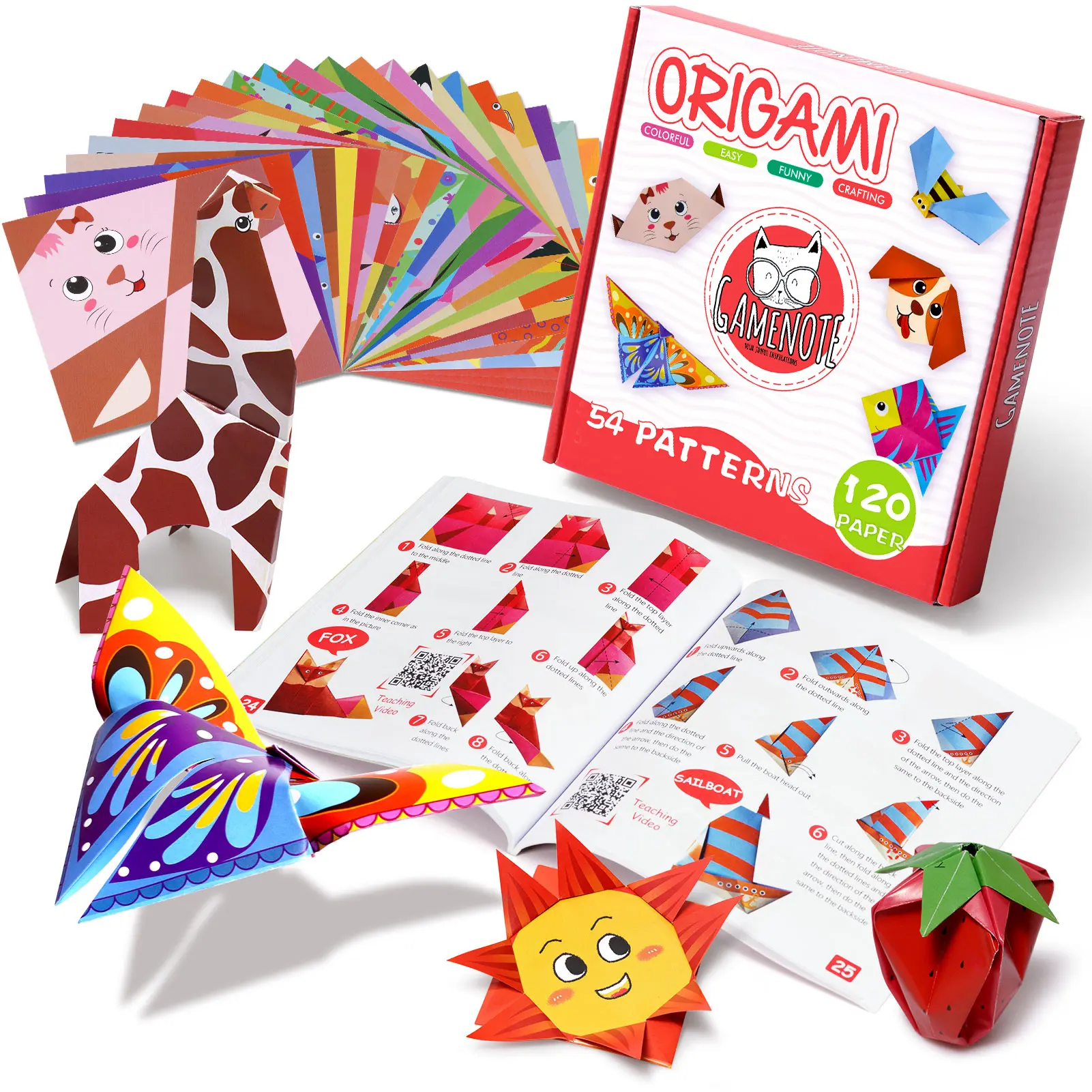 Origami Crafting Kit - DIY Card Set with 54 Handmade Projects, 120 Double-Sided Colorful Paper Papercraft Sheets, 12 Practice Sheets, Educational Arts & Crafts Toy Gift for Ages 4+ Beginners,summerwins