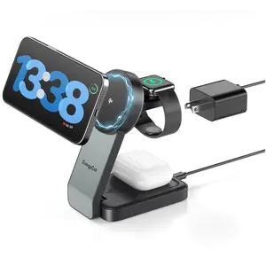 3-in-1 Wireless Charging Station for Apple Devices, Qi2 Certified 15W Charger Stand, Magnetic Foldable Fast Charger for iPhone 17/16/15/14/13/12, Apple Watch, AirPods (30W USB-C Charger Included)