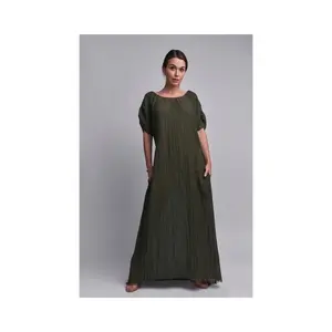 Green Caftan Dress | Casual | Boat Neck | Sweet |Street  | Plain | Holiday | Beach Button
