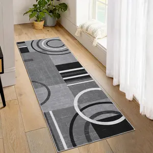 GARVEE Washable Runner Rug 2x10 Modern Circle Rugs Runner Non Slip Low Pile Rug for Hallway Soft Long Rugs Indoor Floor Carpet for Kitchen Bedroom Entryway, Grey