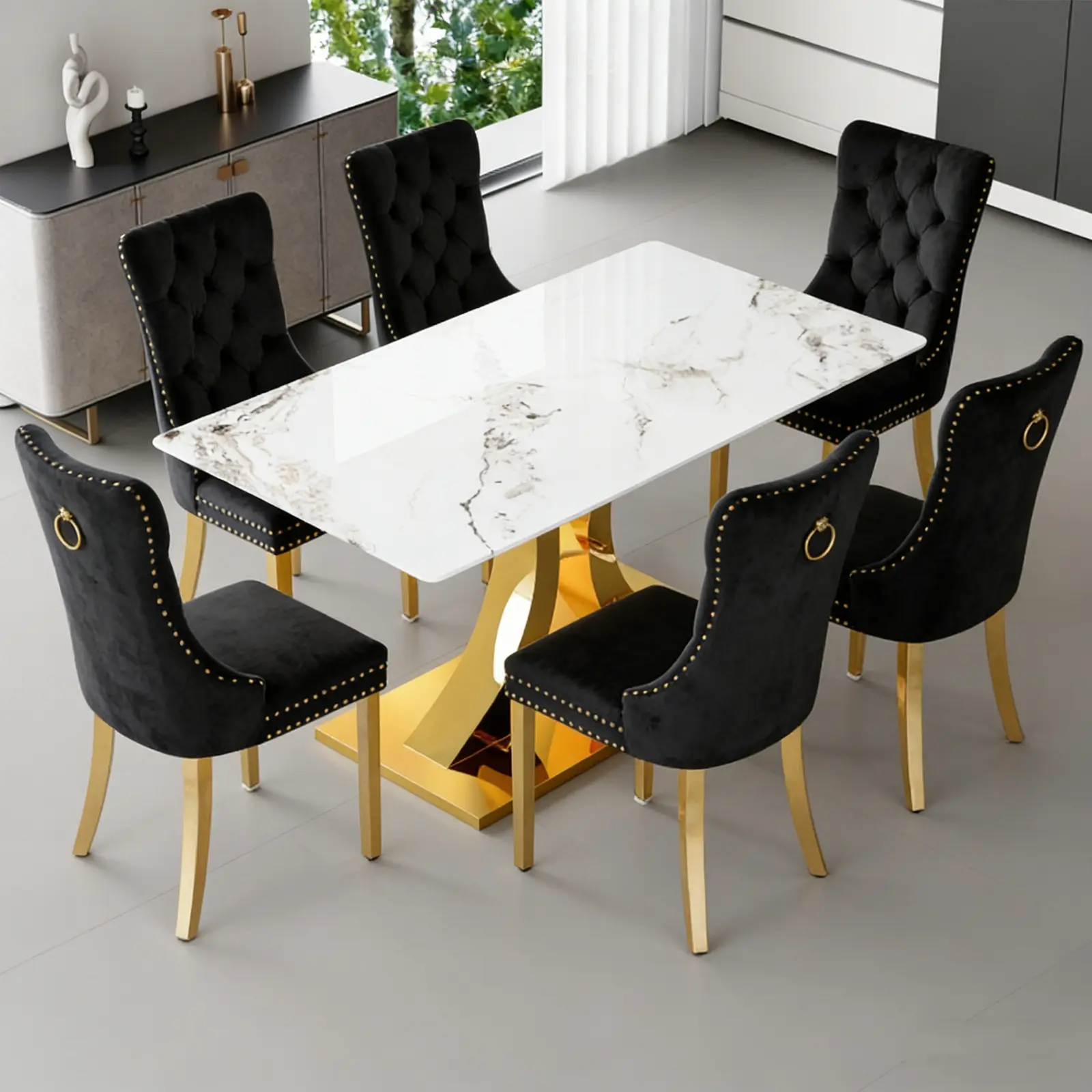 1 Table+6 Black Golden Metal Legs Chairs