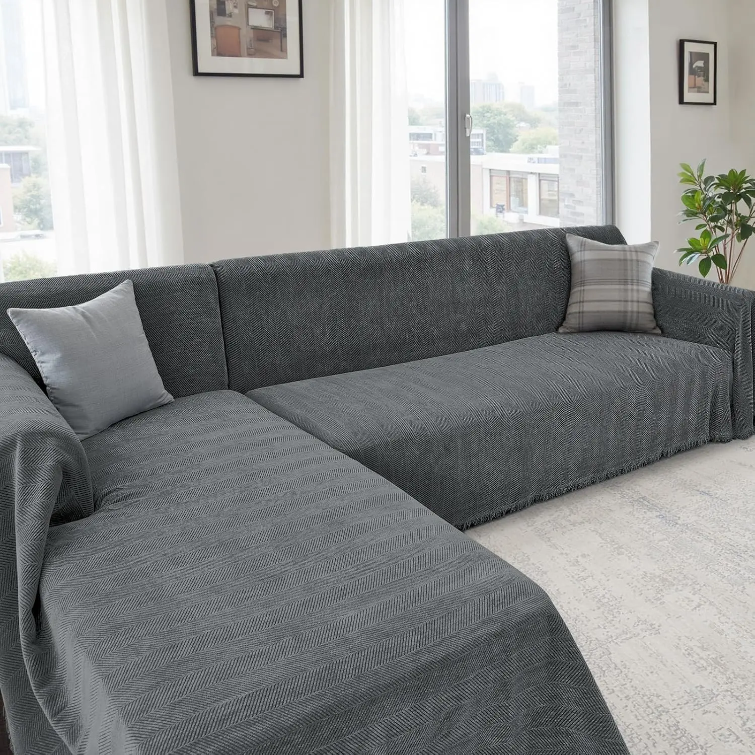 Inovaday Sectional Couch Covers 2 Pieces, Chenille L Shaped Couch Cover Blanket for Sectional Sofa with Herringbone Pattern Durable Washable Sofa Slipcovers