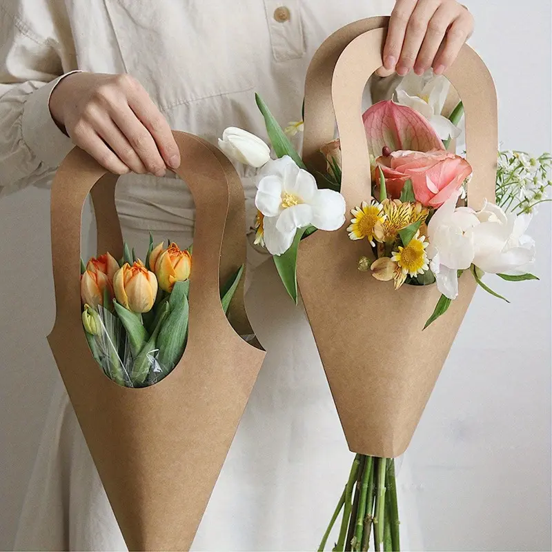 5pcs Medium Code Kraft Paper Bouquet Bags Valentine's Day Mother's Day Flowers Plant Bouquet Bags Handbags Minimalist Literature And Art