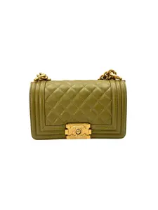 Pre-owned CHANEL leather Crossbody Bags LeBoy Lime Green Quilted Small Size Flap Bag With Gold Buckle(GL***4C) CC1616