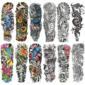 12-Piece Colorful Temporary Tattoo Set with Skull, Tiger, Koi Fish, Tribal Tattoo Designs, Waterproof Realistic Tattoos for Men and Women, Temporary Fake Tattoo