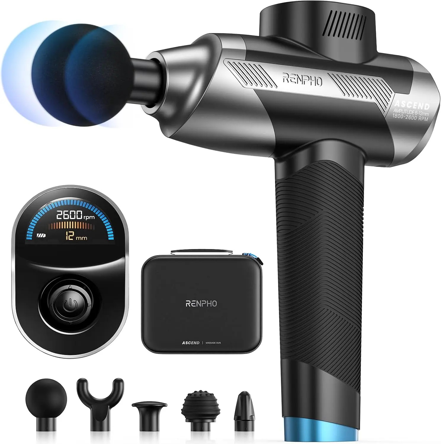 RENPHO Ascend Professional Massage Gun, FSA Eligible HSA, Adjustable 6-12mm Amplitude for Customized Intensity, Deep Tissue Percussion Massager with 5 Speeds, 5 Attachments