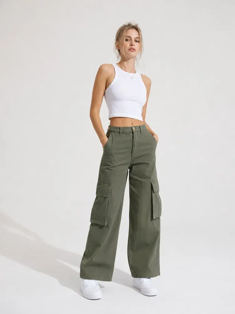 Women High Waist Multi Cargo Pocket Workwear Pants, Loose Wide Leg Casual Denim Trousers, Classic Streetwear Straight Fit Bottoms, Functional Side Pockets For Daily Outings, Urban Street Style And Casual Weekend Matching Cargo Pants Chic