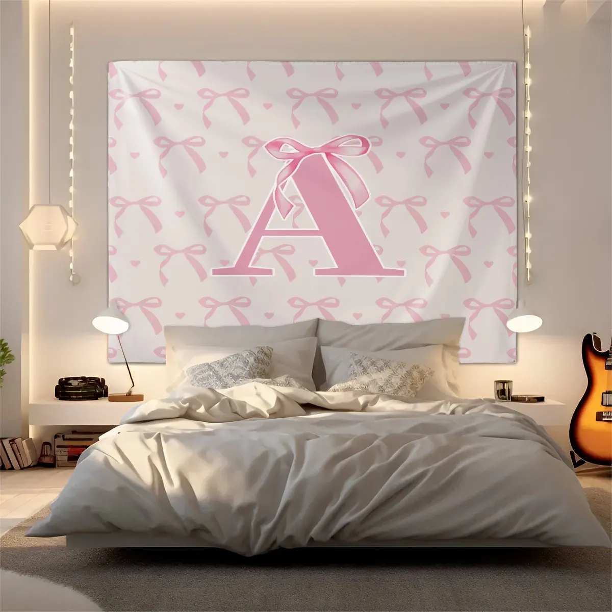Pink Bow Print Tapestry, A-Z Letters Pattern Wall Hanging, Creative Princess Room Decoration Tapestries, Girl Room Accessories, Perfect for Living Room, Bedroom, Fashion Gift Blanket, Home Decor Supplies, Decorations Supplies, Tapestry Wall Mural
