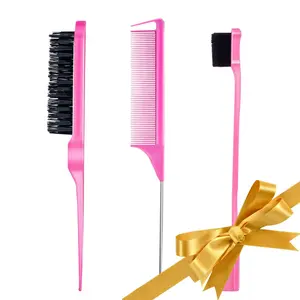 3 Count Comb Set for Teasing Edge and Back Brushing Rat Tail and Edge Combs Hair Stick for Styling Women's Haircare (Pink)