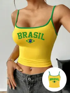 Women's Brazil Flag Print Short Tank Top, Trim, Casual Summer Streetwear for Football Fans and Beach