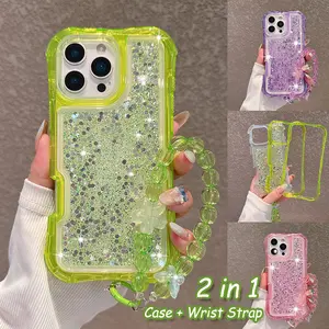 Wrist Strap Lanyard Gradient Glitter Bling Transparent Phone Case For iPhone 17 AIR 16 16E 15 14 13 12 11 Pro Max 16 Plus Heavy Shockproof Armor Cover