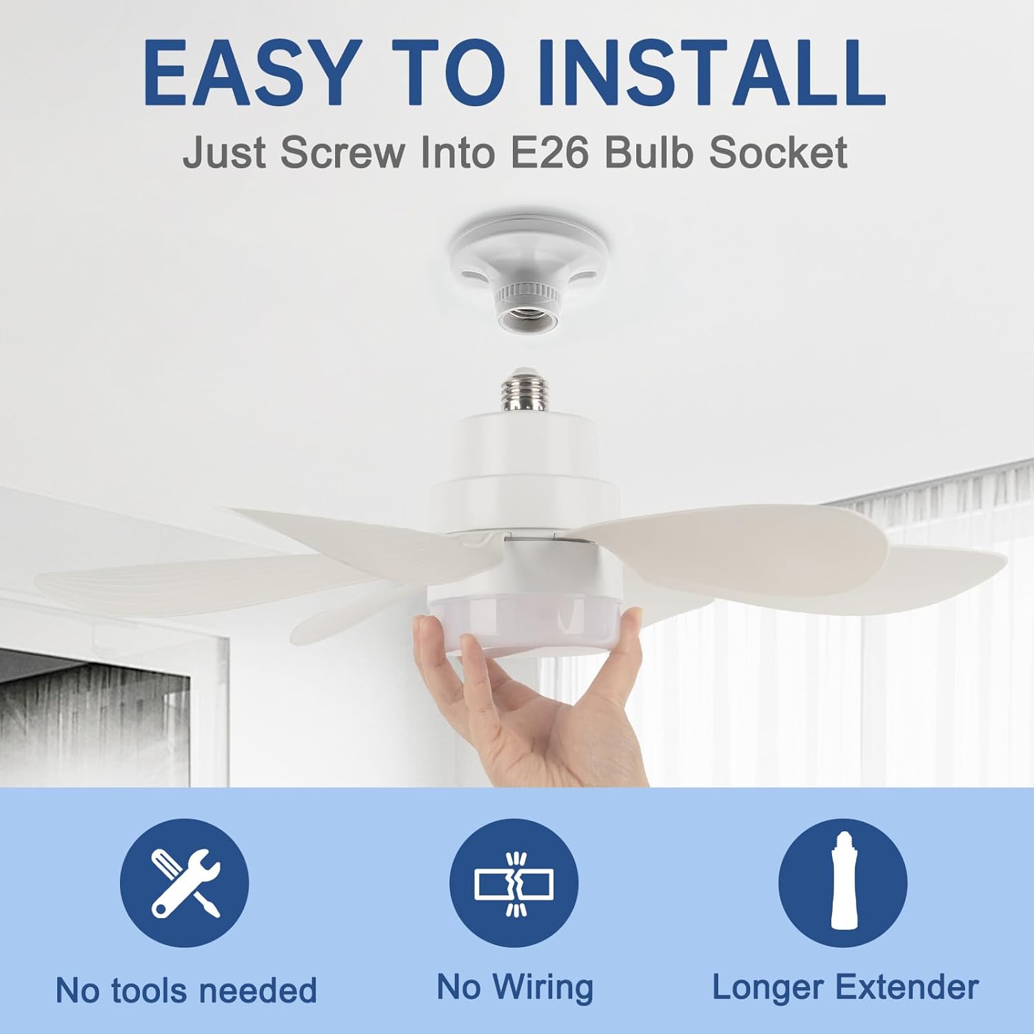 20.5" Socket Fan Light, Dimmable LED Bulb Fan with Remote Control, E26/E27 Screw-In Ceiling Fan Light Combo for Garage, Kitchen, Bedroom, Balcony, Laundry Room