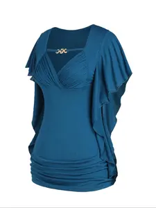 【Plus Size】 Solid Color Ruffle Trim Tee, Casual Ruched Top for Daily Wear, Women's Plus Clothing for All Seasons