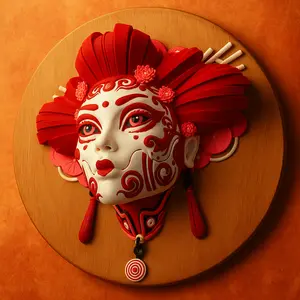 Oni Geisha Wall Mask — Red & White Art Plaque (Table Stand + Wall Hardware)
