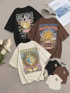 Women's Breathable Casual T-Shirt, Loose Fit Round Neck, Vintage Sun & Moon Print, Short Sleeve, Daily Wear, Fashion Comfort Top, 3 Pack