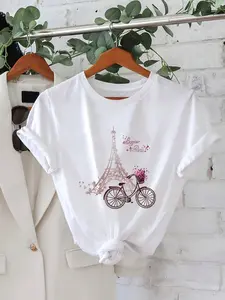 Floral Geometric Eiffel Tower Bicycle Print Short Sleeve T-Shirt, Casual Fitted Top for Women, Spring Summer Round Neck Sportswear